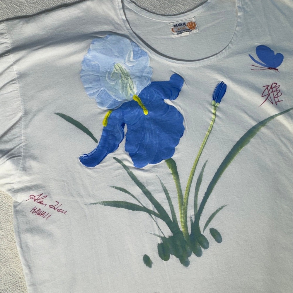 Alan Zhou Hawaii Hand Painted Iris Flower Butterfly White Cotton T-Shirt Size 42